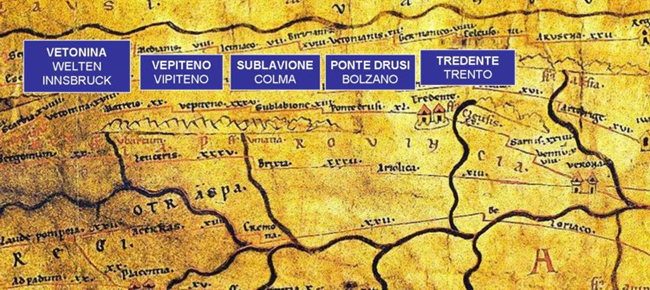 Il segmento della Tabula Peutingeriana con la Via del Brennero